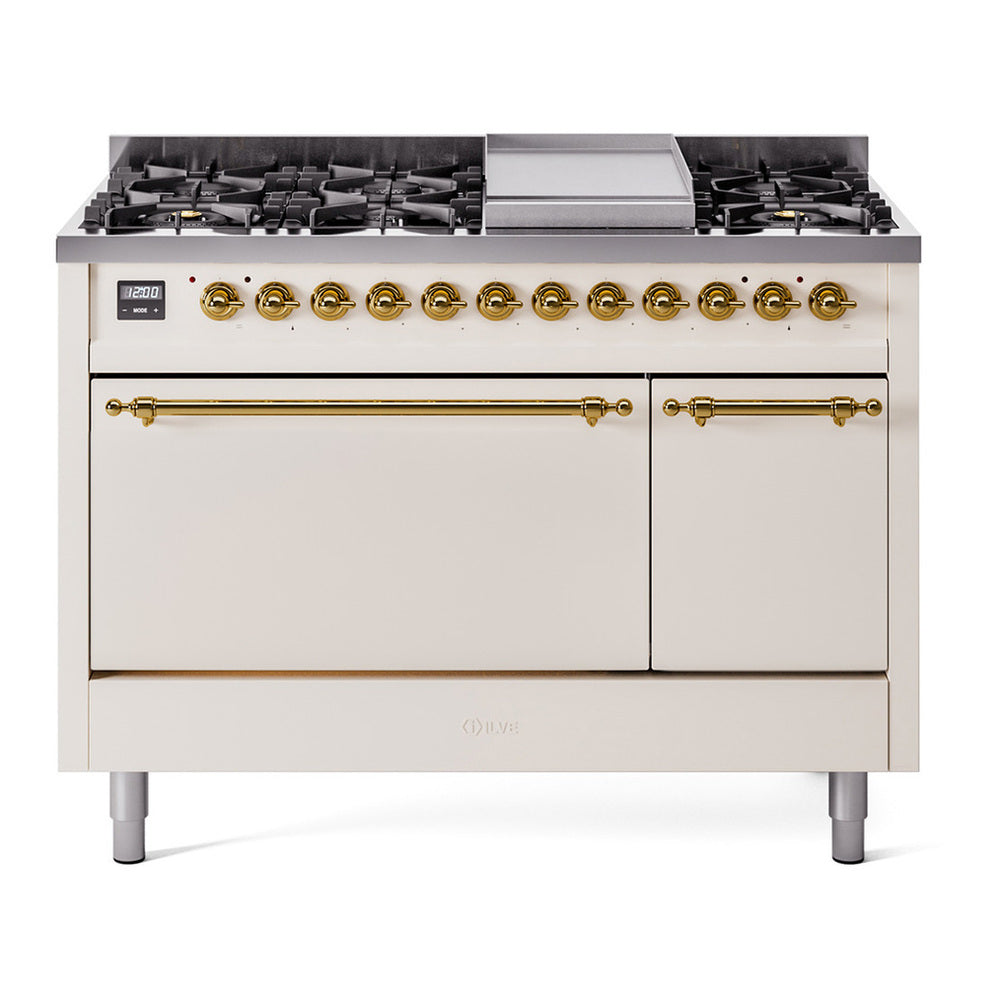 ILVE Nostalgie II 48" Antique White Dual Fuel Range with 8 Burners and Griddle Solid Door Natural Gas