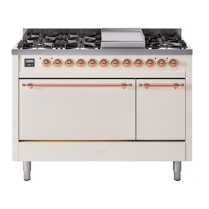 ILVE Nostalgie II 48" Antique White Dual Fuel Range with 8 Burners and Griddle Solid Door Natural Gas