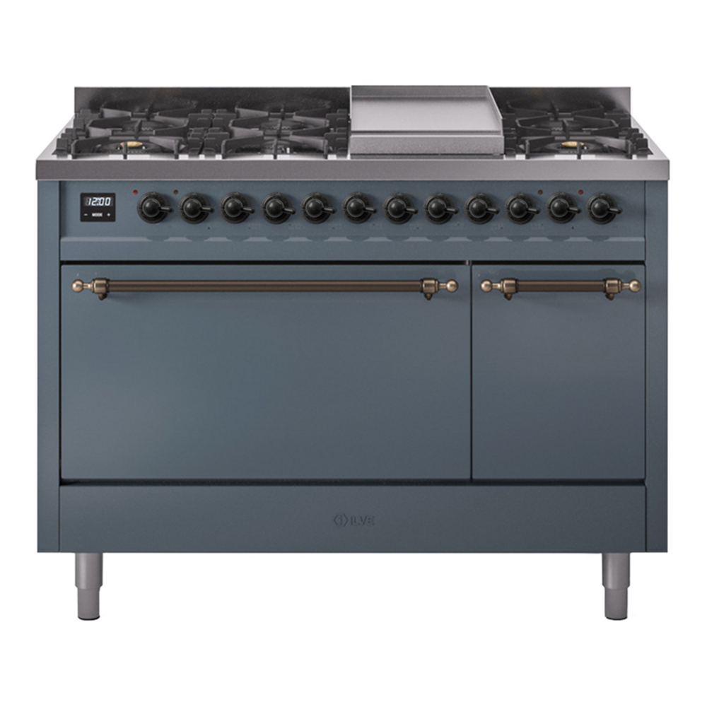 ILVE Nostalgie II 48" Blue Grey Dual Fuel Range with 8 Burners and Griddle Solid Door Natural Gas