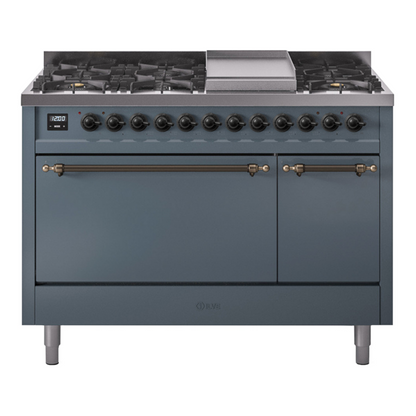 ILVE Nostalgie II 48" Blue Grey Dual Fuel Range with 8 Burners and Griddle Solid Door Natural Gas