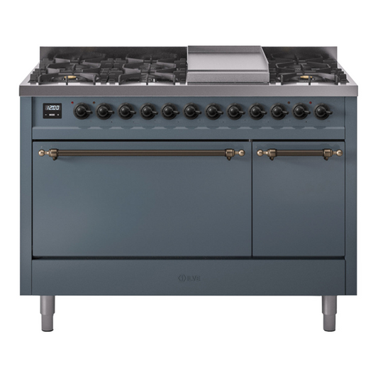 ILVE Nostalgie II 48" Blue Grey Dual Fuel Range with 8 Burners and Griddle Solid Door Natural Gas