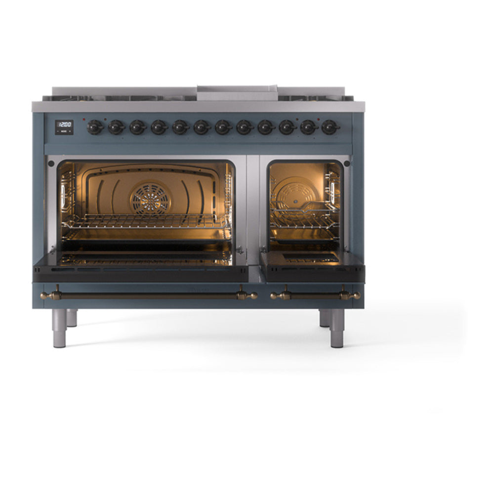 ILVE Nostalgie II 48" Blue Grey Dual Fuel Range with 8 Burners and Griddle Solid Door Natural Gas