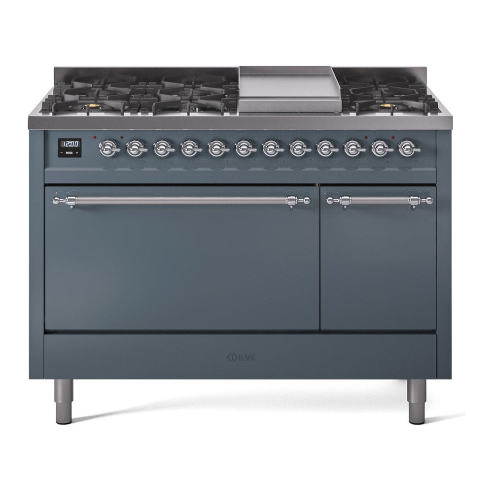 ILVE Nostalgie II 48" Blue Grey Dual Fuel Range with 8 Burners and Griddle Solid Door Natural Gas