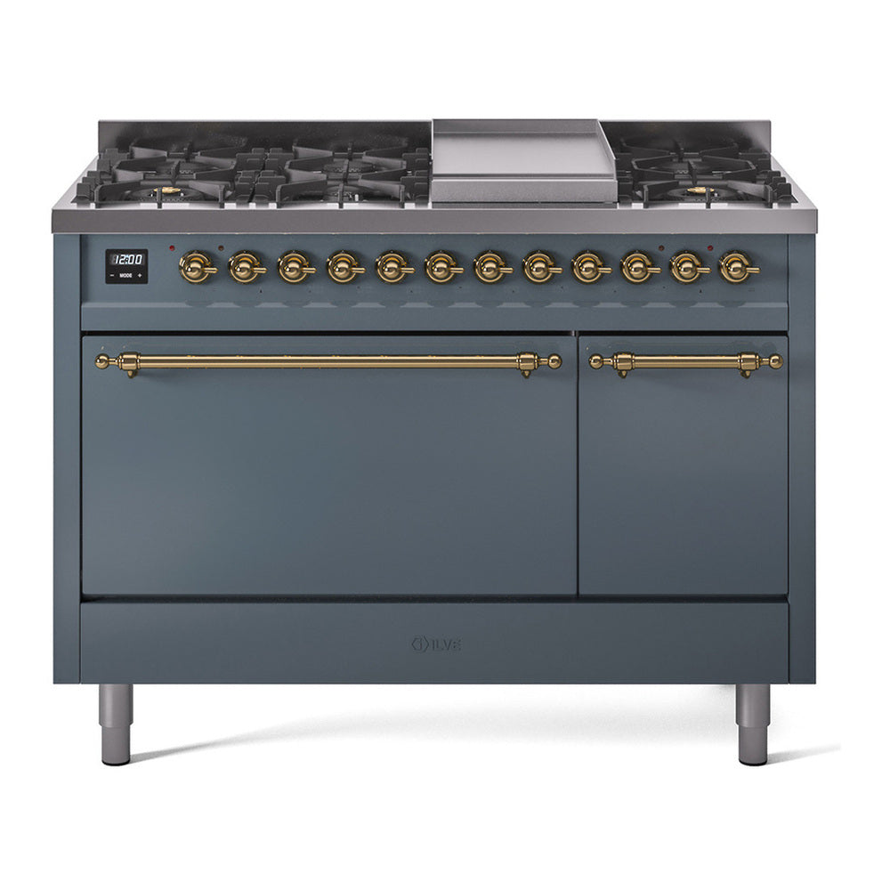 ILVE Nostalgie II 48" Blue Grey Dual Fuel Range with 8 Burners and Griddle Solid Door Natural Gas