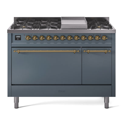 ILVE Nostalgie II 48" Blue Grey Dual Fuel Range with 8 Burners and Griddle Solid Door Natural Gas