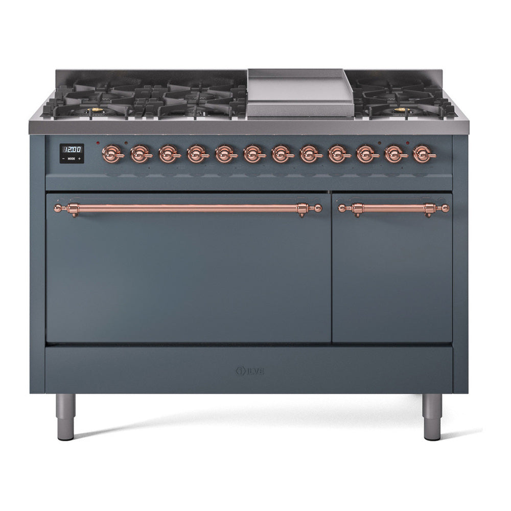 ILVE Nostalgie II 48" Blue Grey Dual Fuel Range with 8 Burners and Griddle Solid Door Natural Gas