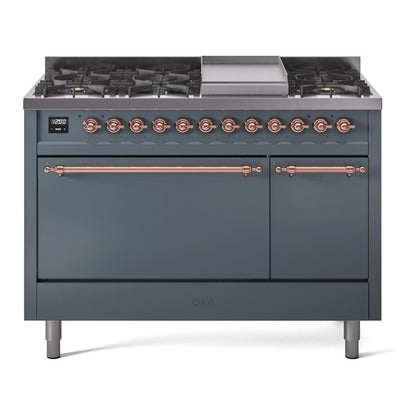 ILVE Nostalgie II 48" Blue Grey Dual Fuel Range with 8 Burners and Griddle Solid Door Natural Gas