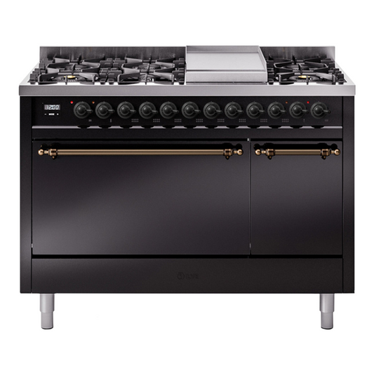 ILVE Nostalgie II 48" Glossy Black Dual Fuel Range with 8 Burners and Griddle Solid Door Liquid Propane