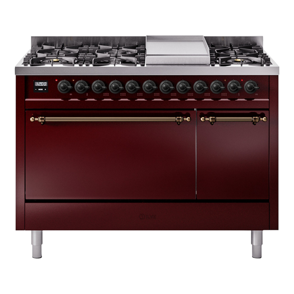 ILVE Nostalgie II 48" Burgundy Dual Fuel Range with 8 Burners and Griddle Solid Door Liquid Propane