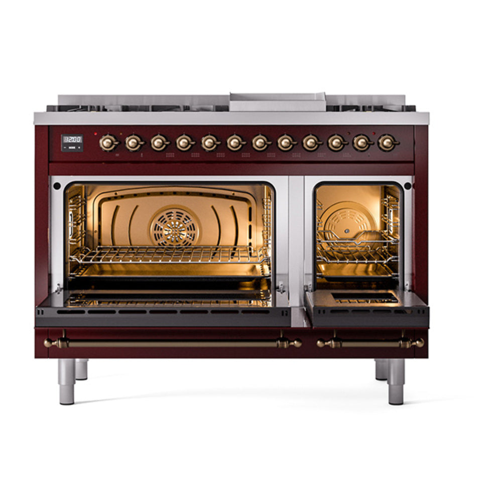 ILVE Nostalgie II 48" Burgundy Dual Fuel Range with 8 Burners and Griddle Solid Door Liquid Propane