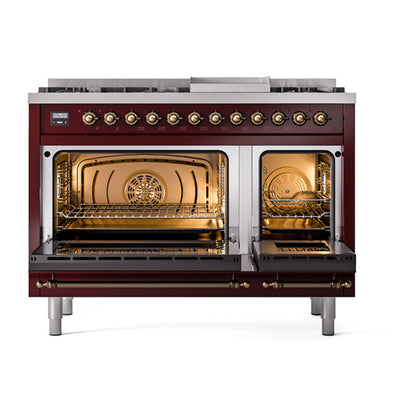 ILVE Nostalgie II 48" Burgundy Dual Fuel Range with 8 Burners and Griddle Solid Door Liquid Propane