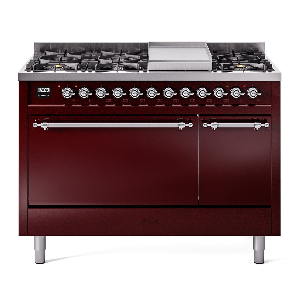 ILVE Nostalgie II 48" Burgundy Dual Fuel Range with 8 Burners and Griddle Solid Door Liquid Propane