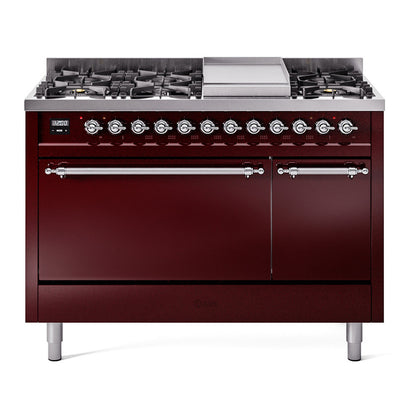 ILVE Nostalgie II 48" Burgundy Dual Fuel Range with 8 Burners and Griddle Solid Door Liquid Propane