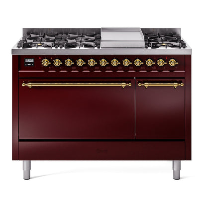 ILVE Nostalgie II 48" Burgundy Dual Fuel Range with 8 Burners and Griddle Solid Door Liquid Propane