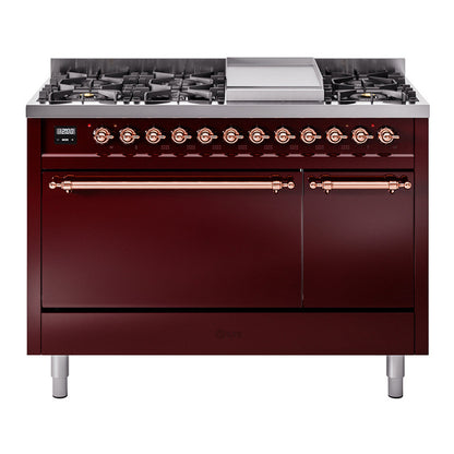 ILVE Nostalgie II 48" Burgundy Dual Fuel Range with 8 Burners and Griddle Solid Door Liquid Propane