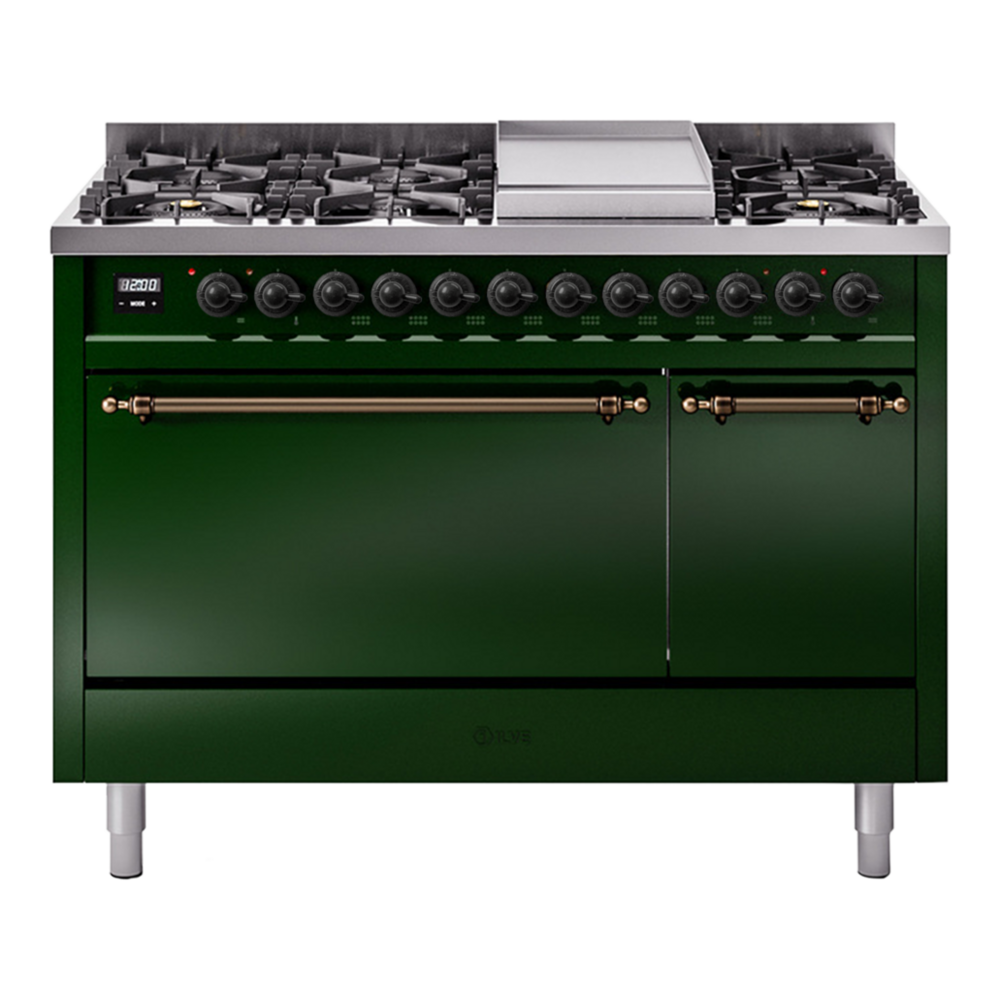 ILVE Nostalgie II 48" Emerald Green Dual Fuel Range with 8 Burners and Griddle Solid Door Natural Gas