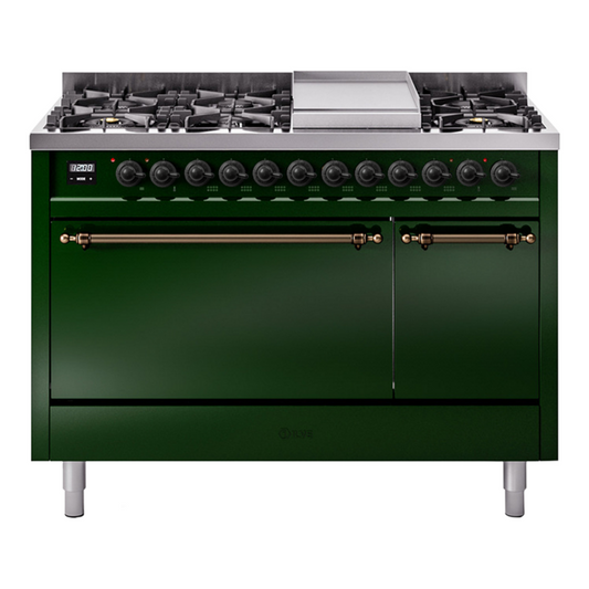 ILVE Nostalgie II 48" Emerald Green Dual Fuel Range with 8 Burners and Griddle Solid Door Natural Gas