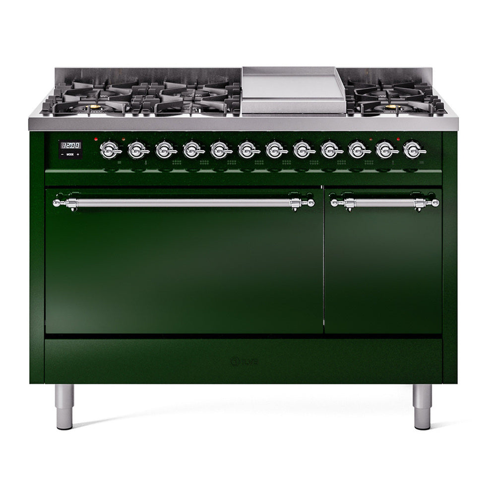 ILVE Nostalgie II 48" Emerald Green Dual Fuel Range with 8 Burners and Griddle Solid Door Natural Gas