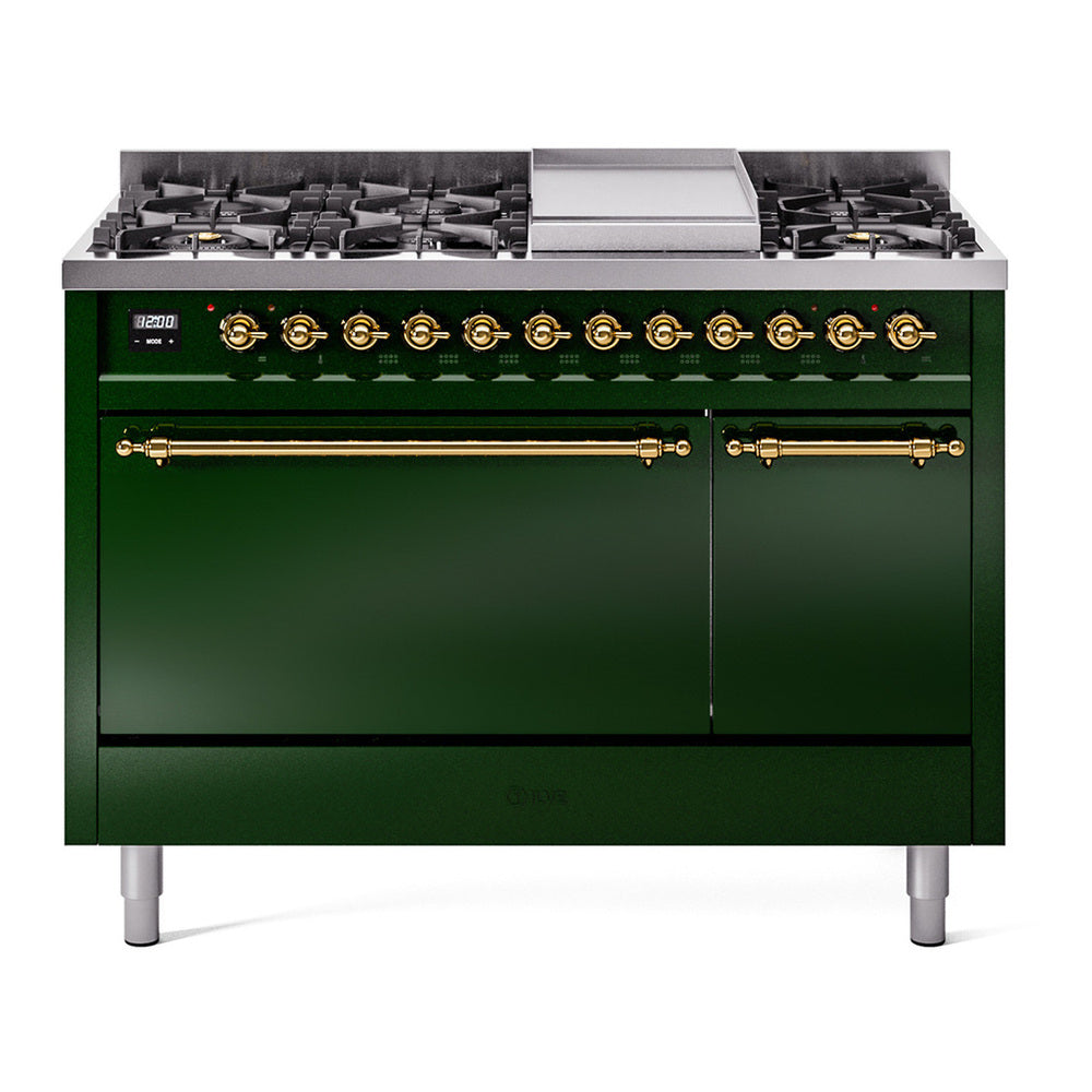 ILVE Nostalgie II 48" Emerald Green Dual Fuel Range with 8 Burners and Griddle Solid Door Natural Gas