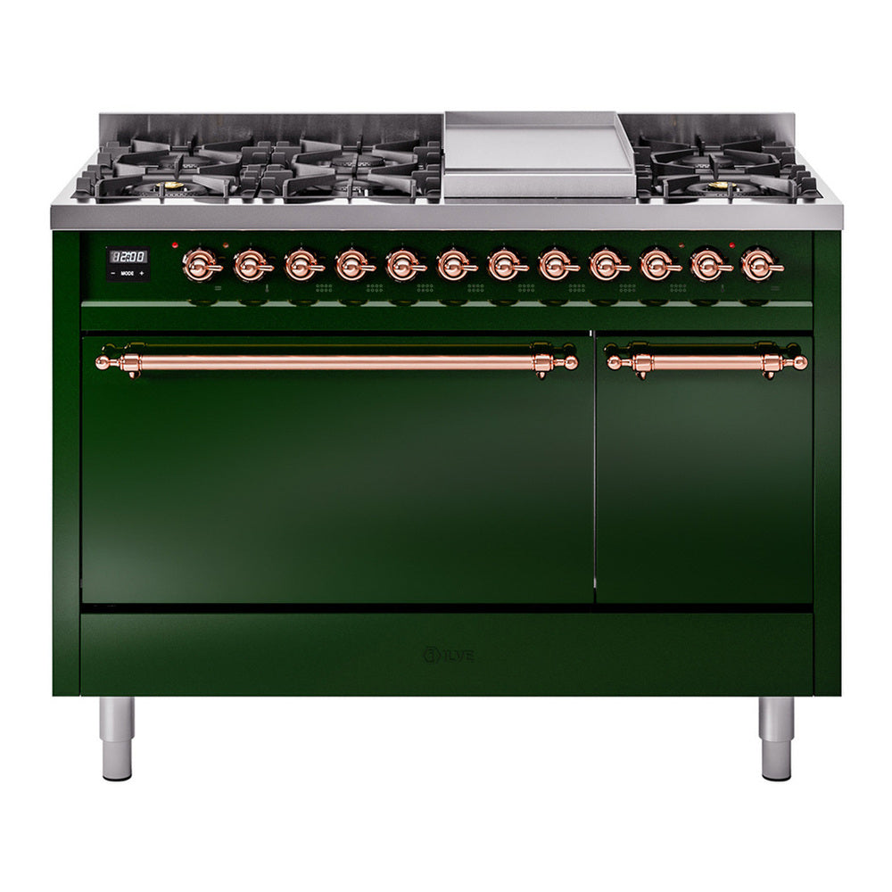 ILVE Nostalgie II 48" Emerald Green Dual Fuel Range with 8 Burners and Griddle Solid Door Natural Gas
