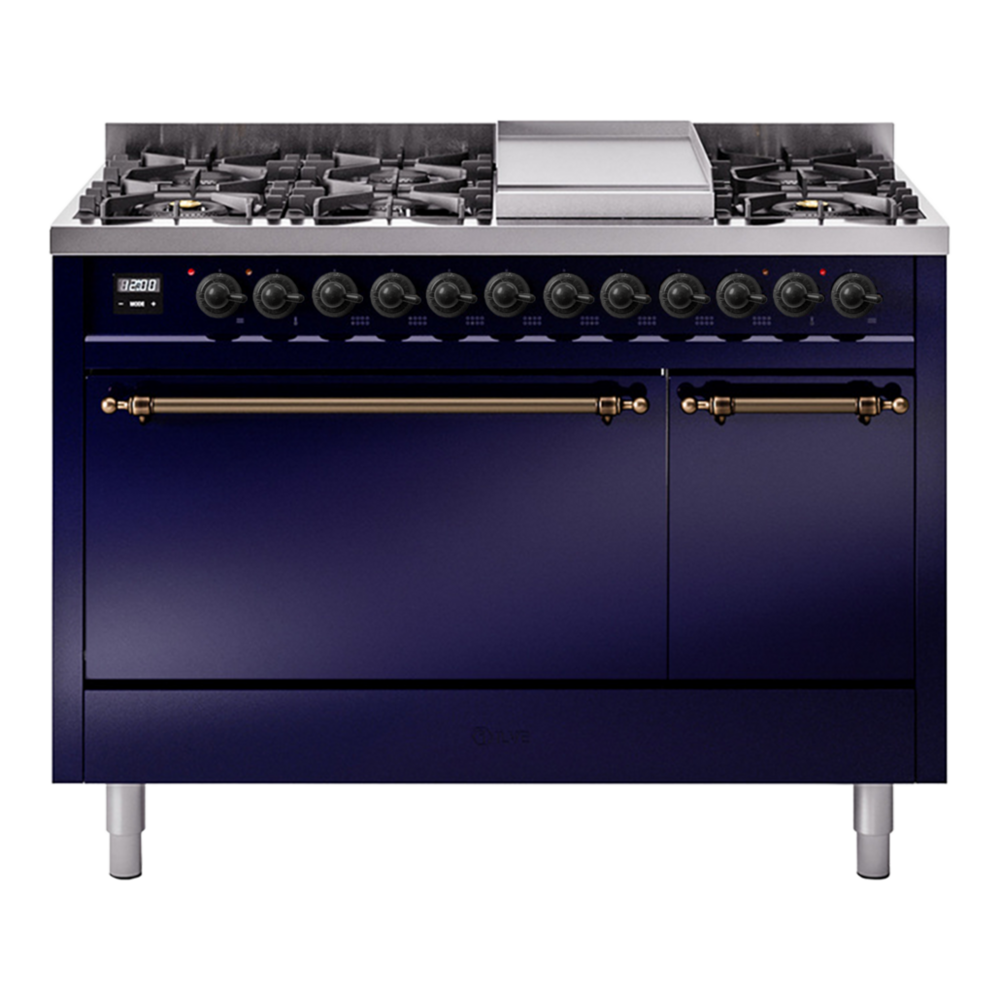 ILVE Nostalgie II 48" Midnight Blue Dual Fuel Range with 8 Burners and Griddle Solid Door Liquid Propane