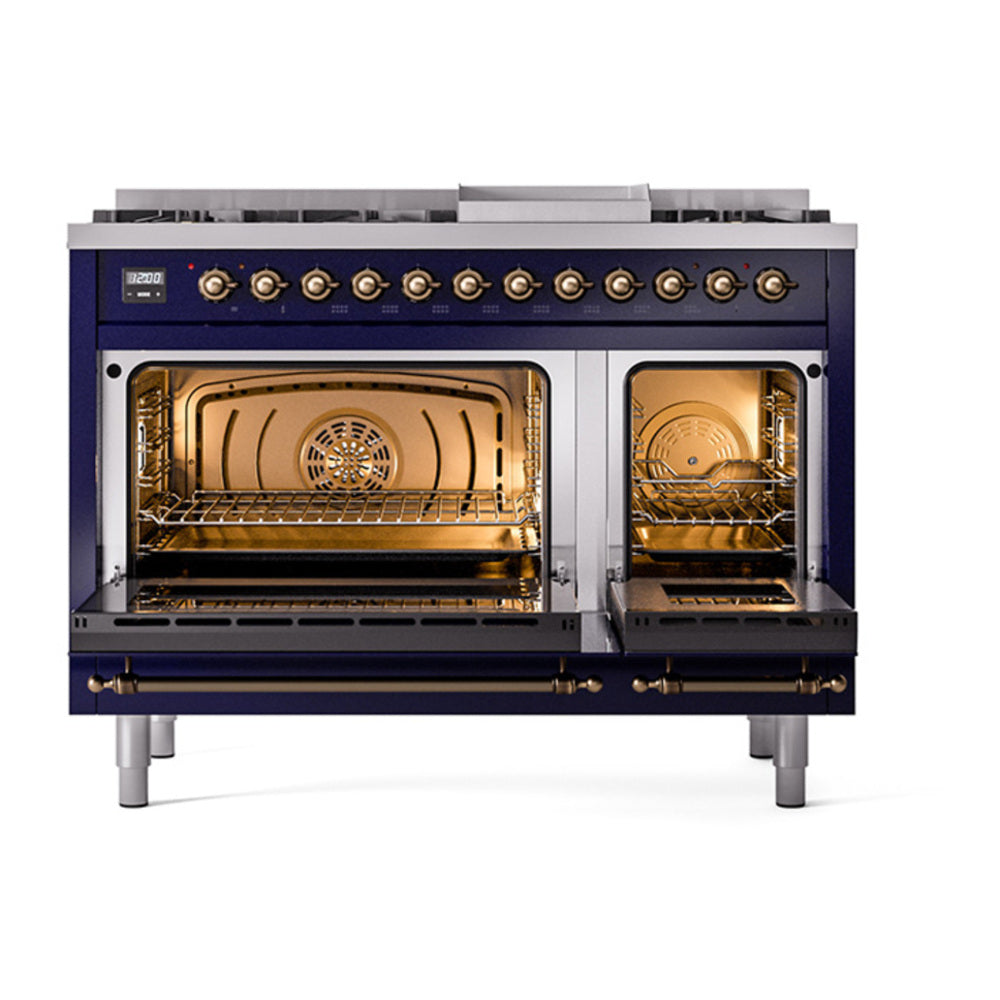 ILVE Nostalgie II 48" Midnight Blue Dual Fuel Range with 8 Burners and Griddle Solid Door Liquid Propane