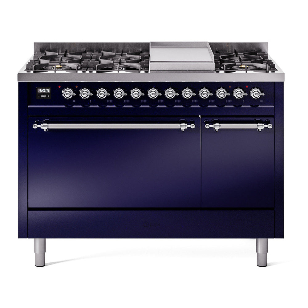 ILVE Nostalgie II 48" Midnight Blue Dual Fuel Range with 8 Burners and Griddle Solid Door Liquid Propane