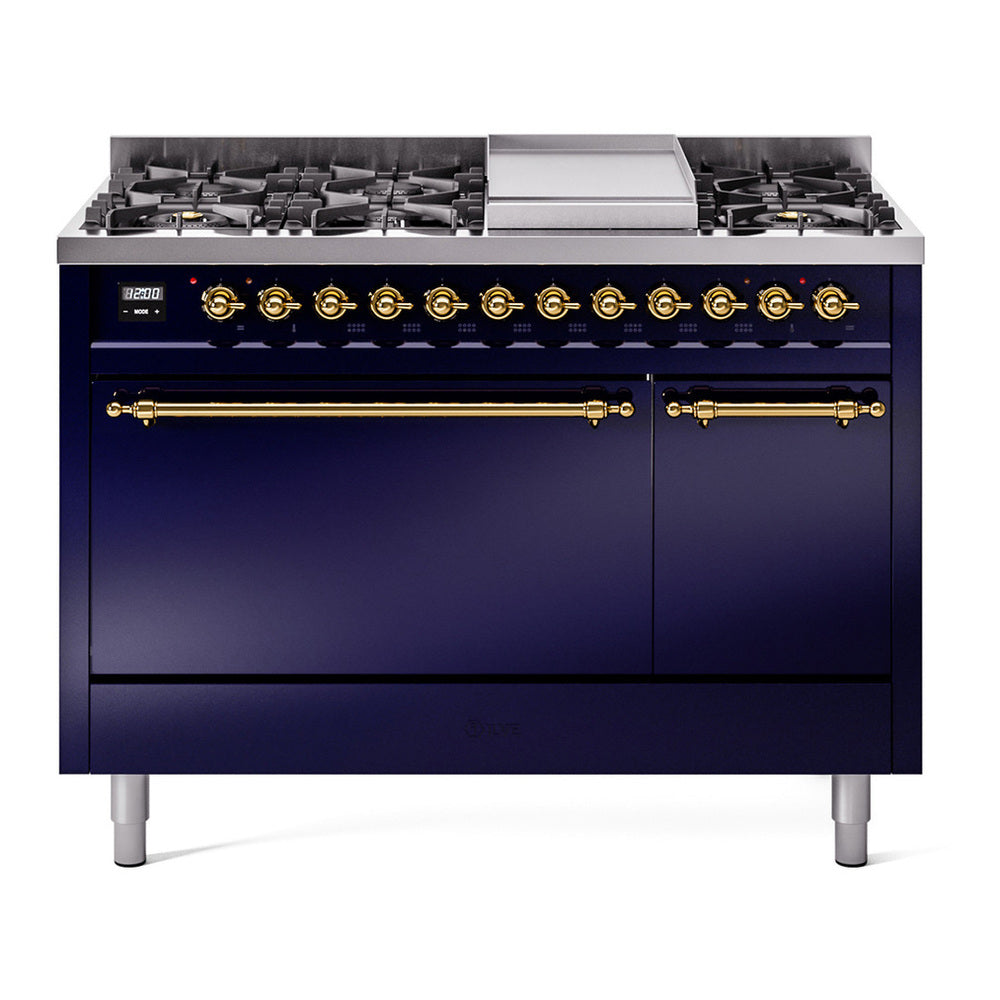 ILVE Nostalgie II 48" Midnight Blue Dual Fuel Range with 8 Burners and Griddle Solid Door Liquid Propane