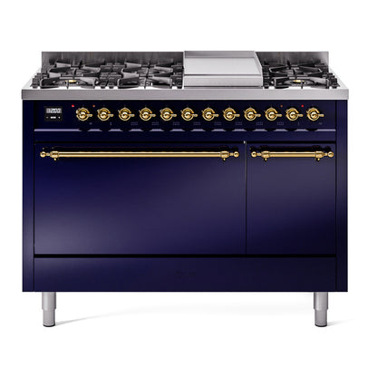 ILVE Nostalgie II 48" Midnight Blue Dual Fuel Range with 8 Burners and Griddle Solid Door Liquid Propane
