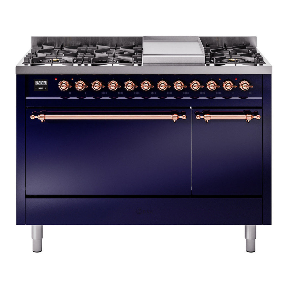 ILVE Nostalgie II 48" Midnight Blue Dual Fuel Range with 8 Burners and Griddle Solid Door Liquid Propane
