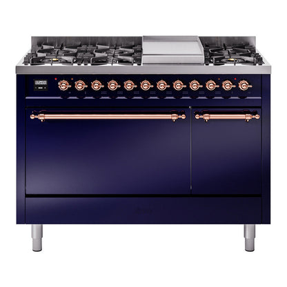 ILVE Nostalgie II 48" Midnight Blue Dual Fuel Range with 8 Burners and Griddle Solid Door Liquid Propane
