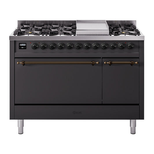ILVE Nostalgie II 48" Graphite Matte Dual Fuel Range with 8 Burners and Griddle Solid Door Liquid Propane