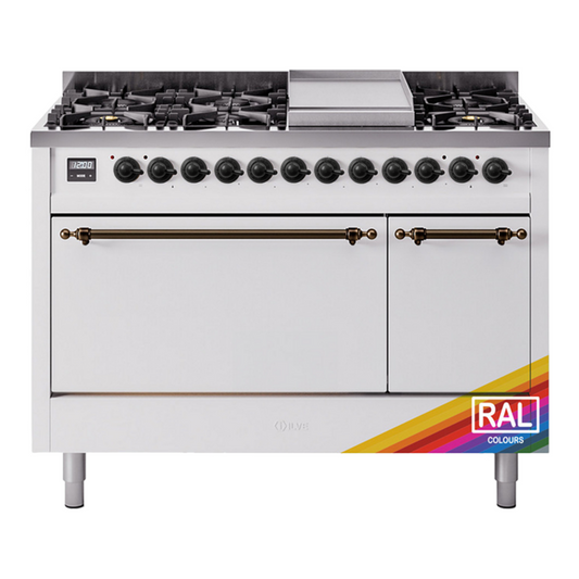 ILVE Nostalgie II 48" RAL Dual Fuel Range with 8 Burners and Griddle Solid Door Natural Gas