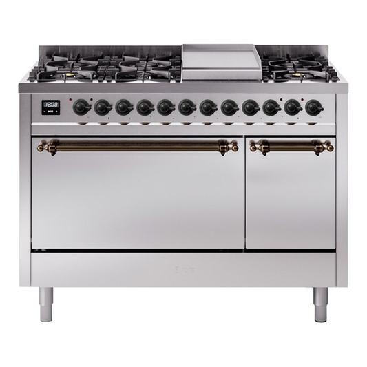 ILVE Nostalgie II 48" Stainless Steel Dual Fuel Range with 8 Burners and Griddle Solid Door Liquid Propane