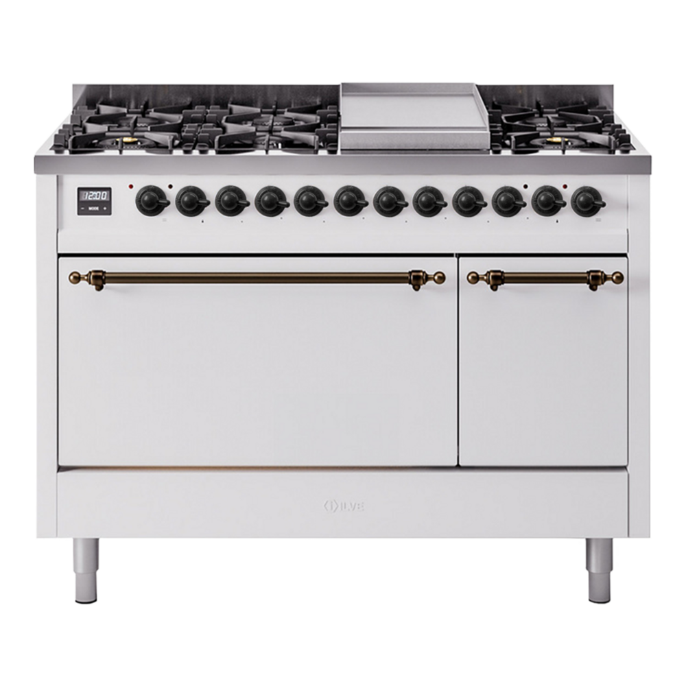 ILVE Nostalgie II 48" White Dual Fuel Range with 8 Burners and Griddle Solid Door Natural Gas