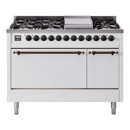 ILVE Nostalgie II 48" White Dual Fuel Range with 8 Burners and Griddle Solid Door Natural Gas