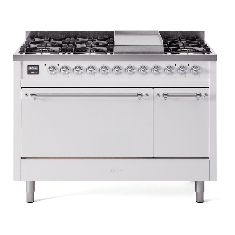 ILVE Nostalgie II 48" White Dual Fuel Range with 8 Burners and Griddle Solid Door Natural Gas