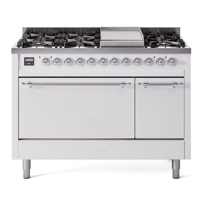 ILVE Nostalgie II 48" White Dual Fuel Range with 8 Burners and Griddle Solid Door Natural Gas