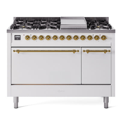 ILVE Nostalgie II 48" White Dual Fuel Range with 8 Burners and Griddle Solid Door Natural Gas
