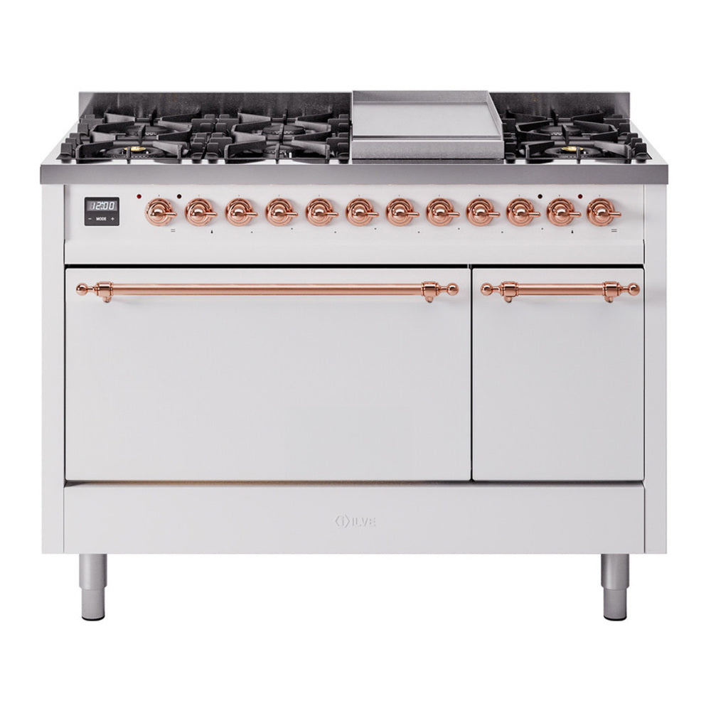 ILVE Nostalgie II 48" White Dual Fuel Range with 8 Burners and Griddle Solid Door Natural Gas