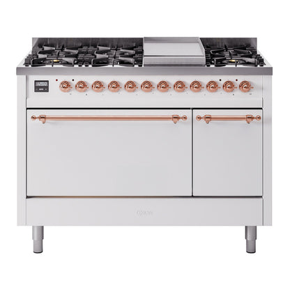 ILVE Nostalgie II 48" White Dual Fuel Range with 8 Burners and Griddle Solid Door Natural Gas