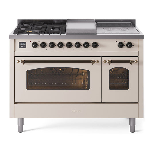 ILVE Nostalgie II 48" Antique White Dual Fuel Range with 5 Burners, Griddle and French Top Triple Glass Door Liquid Propane