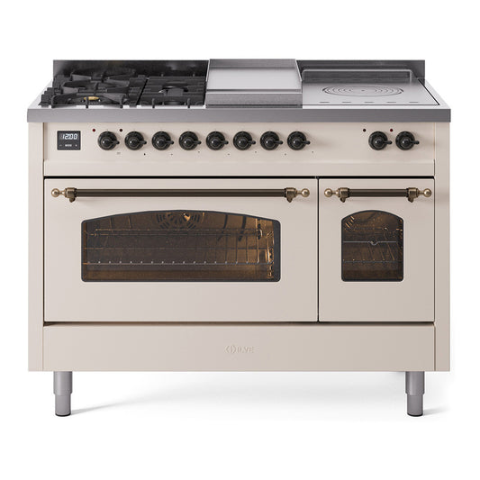 ILVE Nostalgie II 48" Antique White Dual Fuel Range with 5 Burners, Griddle and French Top Triple Glass Door Natural Gas
