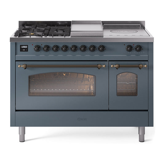ILVE Nostalgie II 48" Blue Grey Dual Fuel Range with 5 Burners, Griddle and French Top Triple Glass Door Natural Gas