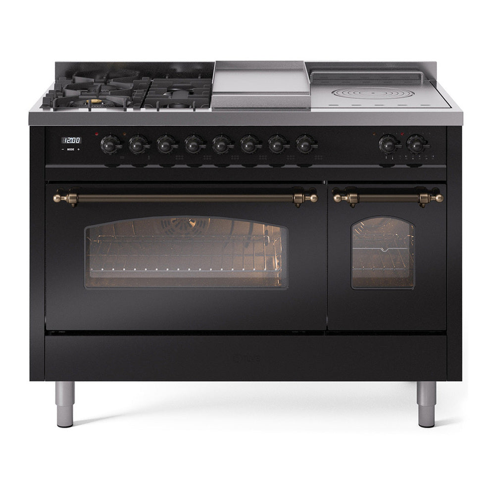 ILVE Nostalgie II 48" Glossy Black Dual Fuel Range with 5 Burners, Griddle and French Top Triple Glass Door Natural Gas