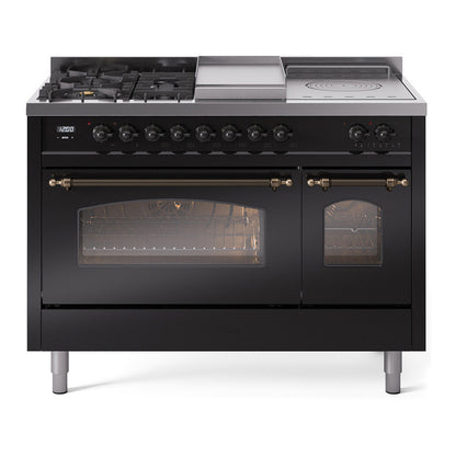 ILVE Nostalgie II 48" Glossy Black Dual Fuel Range with 5 Burners, Griddle and French Top Triple Glass Door Natural Gas