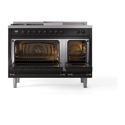 ILVE Nostalgie II 48" Glossy Black Dual Fuel Range with 5 Burners, Griddle and French Top Triple Glass Door Natural Gas