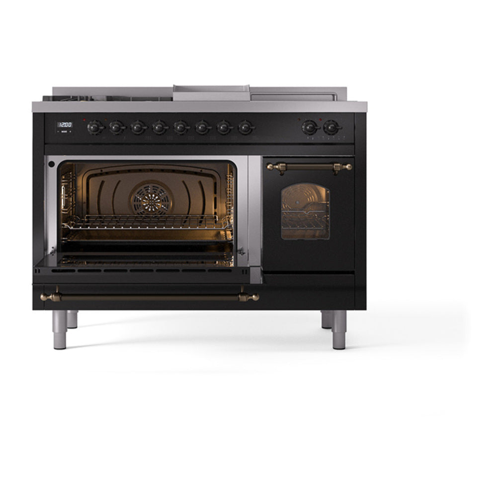 ILVE Nostalgie II 48" Glossy Black Dual Fuel Range with 5 Burners, Griddle and French Top Triple Glass Door Natural Gas