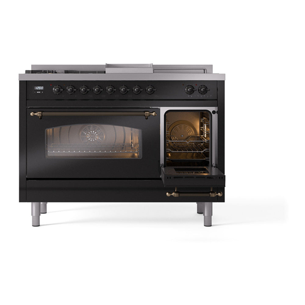ILVE Nostalgie II 48" Glossy Black Dual Fuel Range with 5 Burners, Griddle and French Top Triple Glass Door Natural Gas
