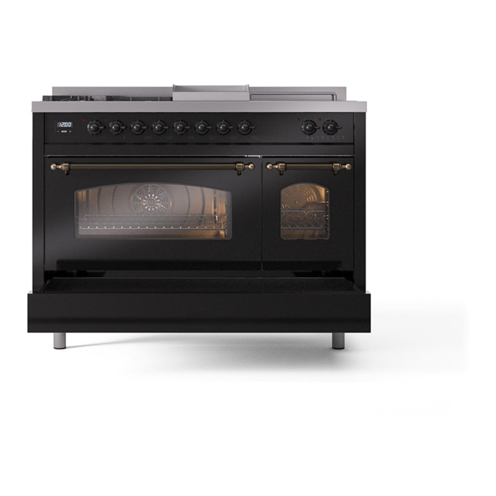 ILVE Nostalgie II 48" Glossy Black Dual Fuel Range with 5 Burners, Griddle and French Top Triple Glass Door Natural Gas